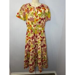 LEA Tropical Floral Midi Dress Cotton Vacation Beach Women's M